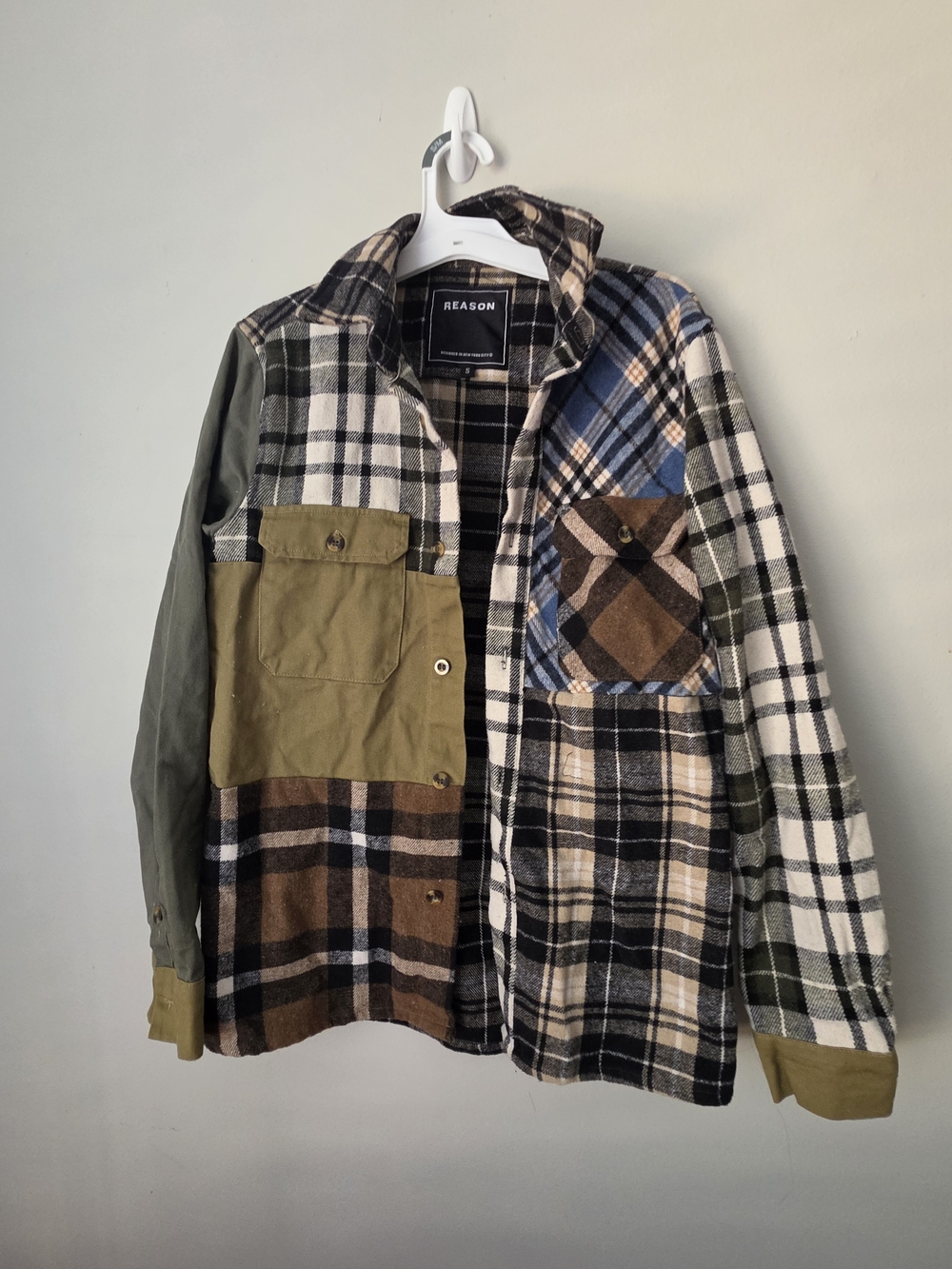 REASON Mixed Plaid Utility Shirt Jacket in Olive, Brown & Blue